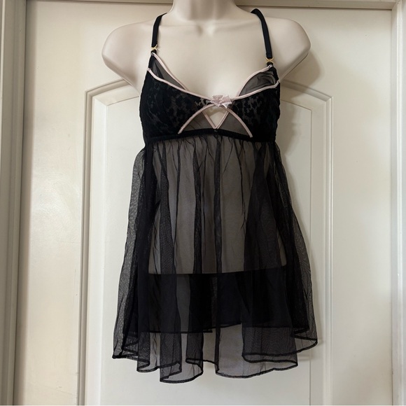 Victoria's Secret Other - Victoria's Secret Black Strappy Cami‎ Lace Babydoll Teddy Lingerie Y2K